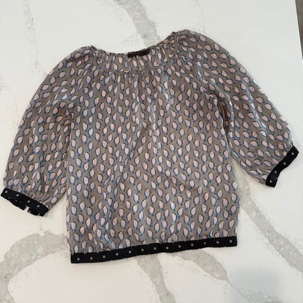 The Limited Long Sleeve Sheer Bird Print Blouse Women's Medium Brown Loose Fit